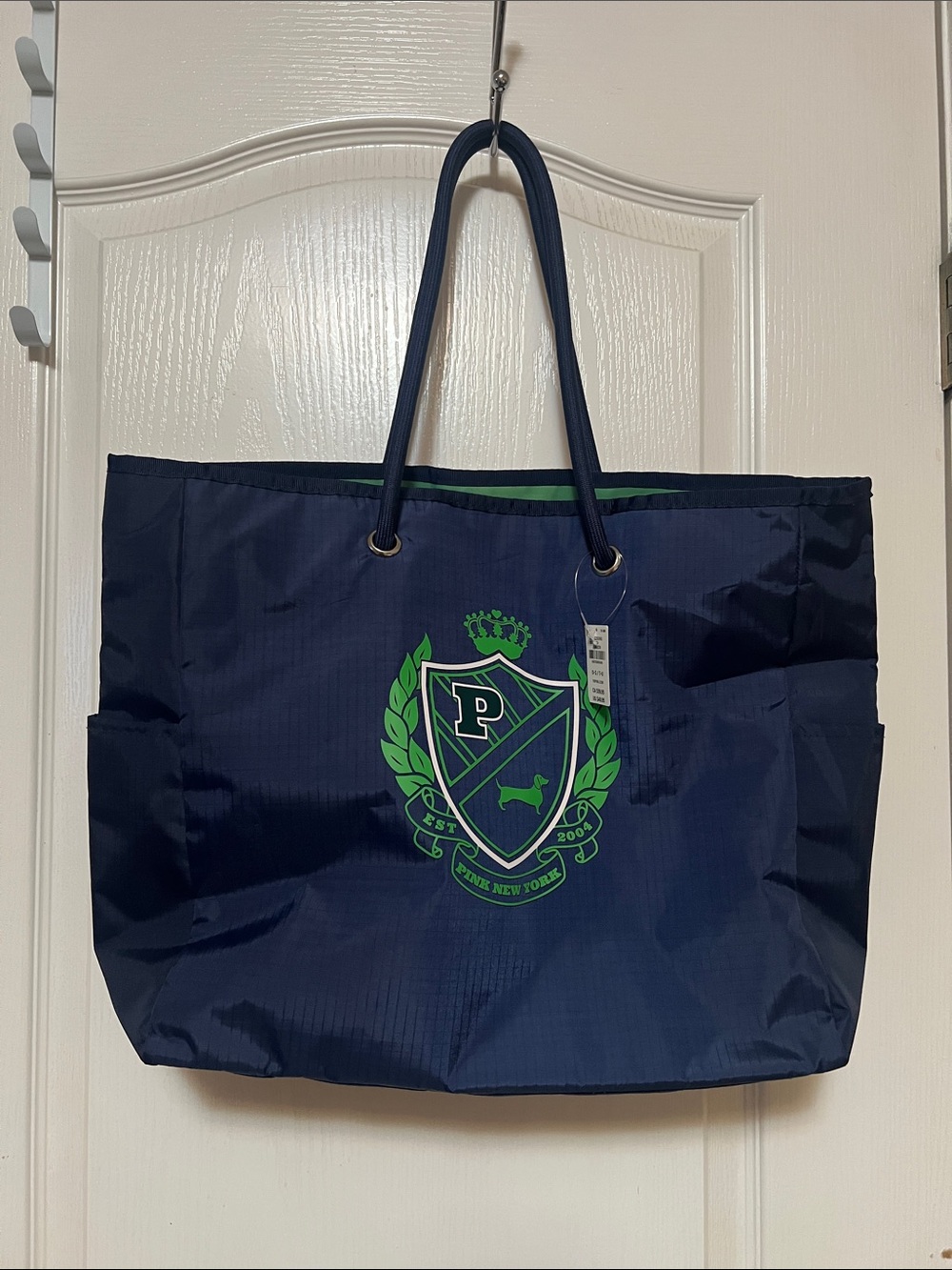 PINK vs Navy Crest Tote with Green Accent